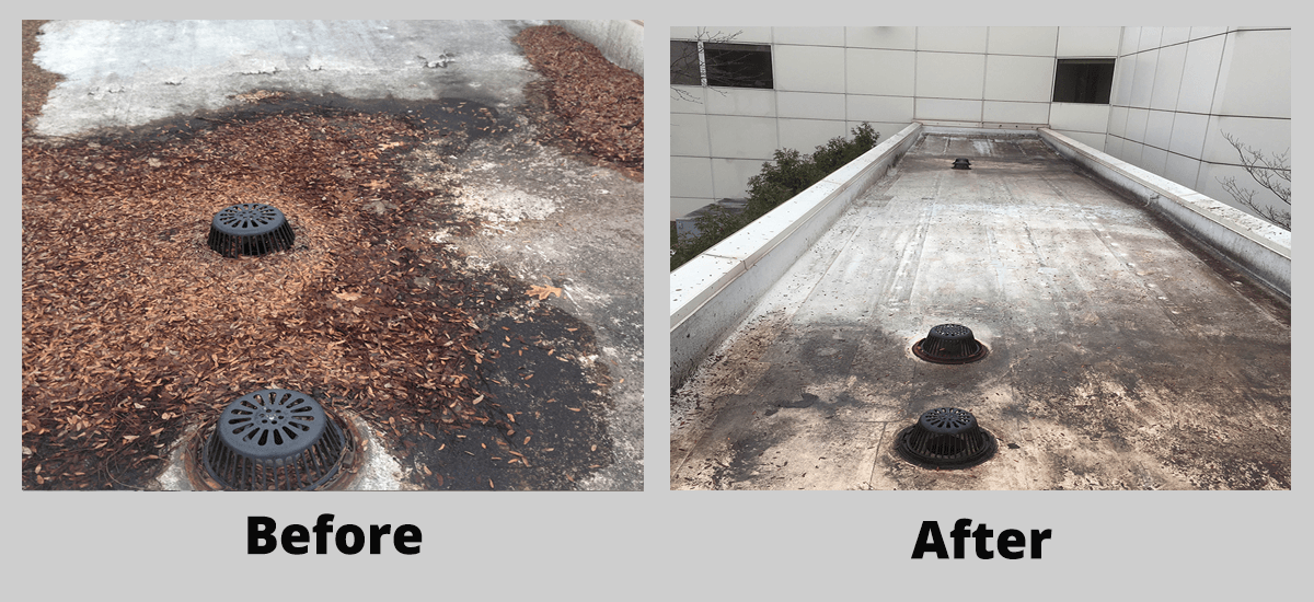 Preventative roof maintenance before and after cleaning off debris