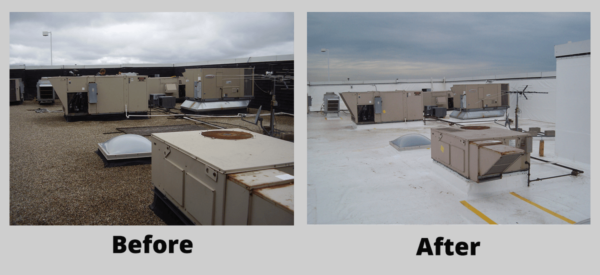 New Duro-Last ROOF Management CO Commercial roof installation before and after