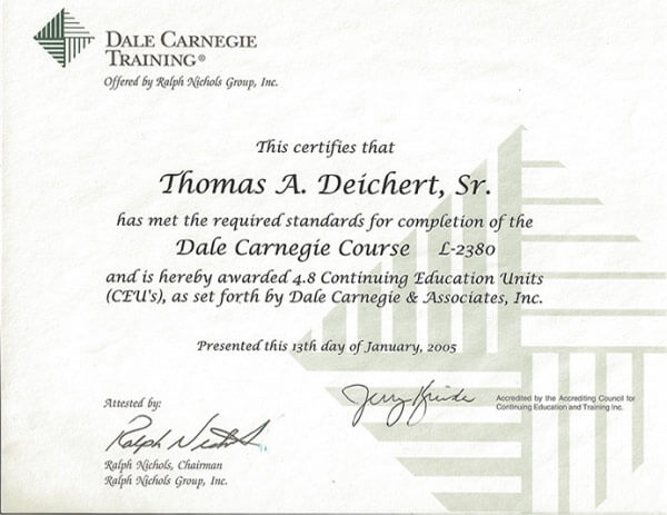 Dale Carnegie Training Certificate for Thomas A. Deichert, Sr.