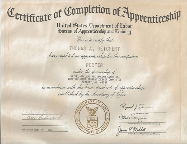 Certificate of Completion of Apprenticeship United States Department of Labor ROOF Management CO